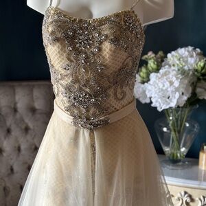 Elegant Champagne Beaded Gown w/ Overskirt Bridal XS vintage Vienna Prom